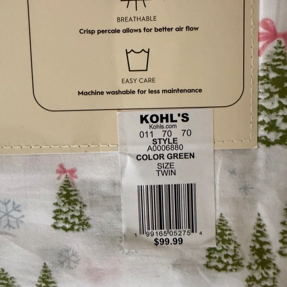 Laura Ashley Twin Sheet Set Twin White Green New Christmas Tree Pink Bow Percale